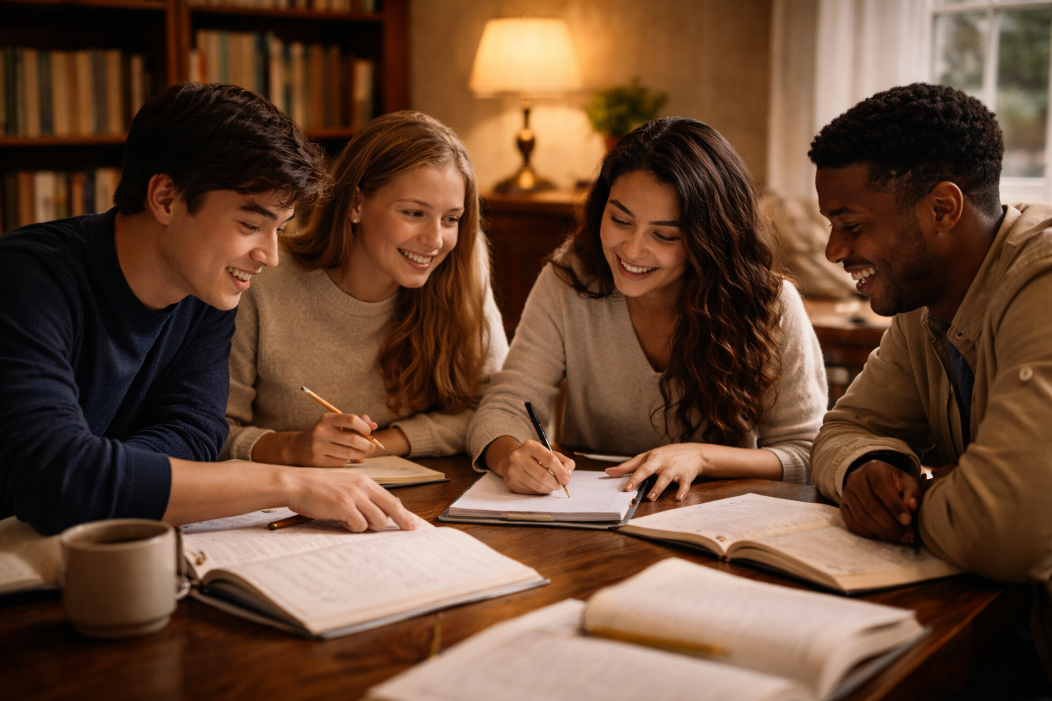 Four students studying together around a warm-lit table
